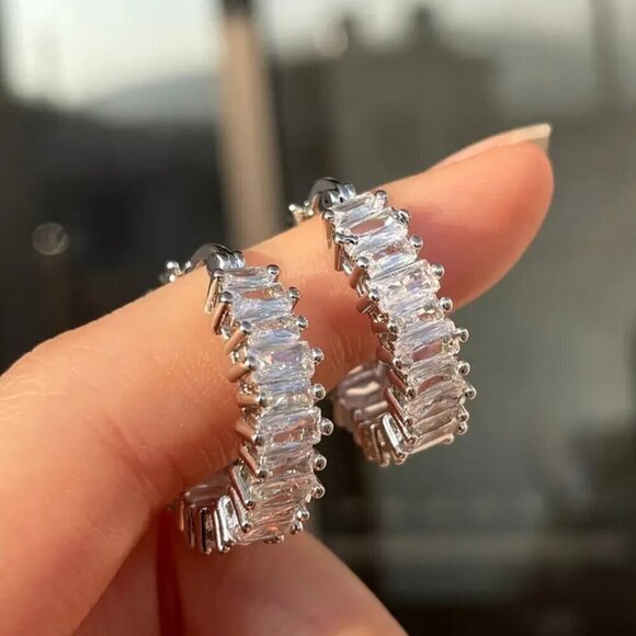 Huggie Small Hoop Earrings w/ Rectangular Stones and Tons of Bling #1419 - Picture 6 of 7